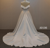 Off-the-Shoulder Satin A-Line Wedding Dress with Beaded Waist – Style A0106