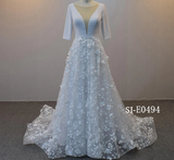 Romantic 3D Floral A-Line Wedding Dress | Deep V-Neck Mesh Bridal Gown with Corset Back- BOHO styleSI-E0494