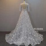 Romantic 3D Floral A-Line Wedding Dress | Deep V-Neck Mesh Bridal Gown with Corset Back- BOHO styleSI-E0494