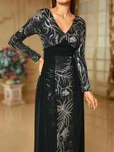 Elegant Black Evening Dress - Women's Long Sleeve V Neck Sequin Bodycon Formal Gown with Train