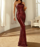 New Red Wine Sequin One Shoulder Sleeveless Prom & Evening Gown