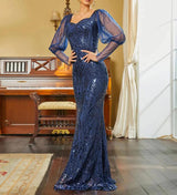 Elegant Navy Blue Long sleeve Bodycon sweetheart neckline sequins Evening Dress