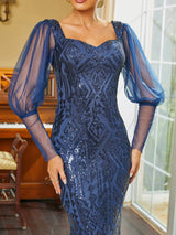 Elegant Navy Blue Long sleeve Bodycon sweetheart neckline sequins Evening Dress