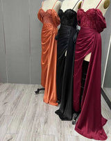 Luxury Embroidered Silk Satin Evening Gown with Sexy Slit and Beading - Perfect for Formal Events and Bridesmaids