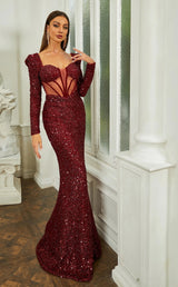 Elegant and sophisticated Red Sequin Prom Dress with deep Sweetheart Neck & Long Sleeve