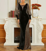 Elegant Black Sequin Velvet Evening Gown with Lantern Sleeves and Backless Design - Perfect for Weddings, Proms, and Other Special Occasions
