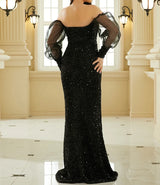 New Elegant Black Puff sleeve sweetheart neck Prom & Evening Dress