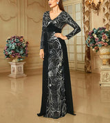 Elegant Black Evening Dress - Women's Long Sleeve V Neck Sequin Bodycon Formal Gown with Train