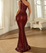 New Red Wine Sequin One Shoulder Sleeveless Prom & Evening Gown