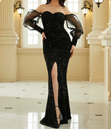 New Elegant Black Puff sleeve sweetheart neck Prom & Evening Dress