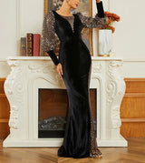 Elegant Black Sequin Velvet Evening Gown with Lantern Sleeves and Backless Design - Perfect for Weddings, Proms, and Other Special Occasions