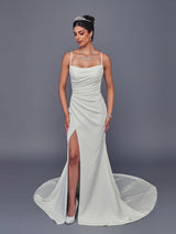 Satin cowl neck wedding dress with spaghetti straps and high slit front view