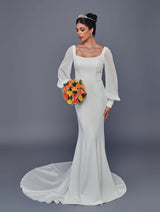 Square neck off-white mermaid wedding dress with chiffon long sleeves front view