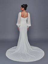 Back view of off-white crepe mermaid wedding dress with court train