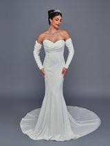 Off-white off-shoulder sweetheart crepe mermaid wedding gown front view