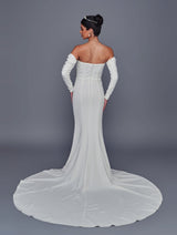 Off-white mermaid bridal gown back view with court train