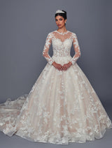 Illusion neckline long sleeve lace ball gown wedding dress front