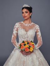 Closeup illusion crew neckline beaded lace bridal gown