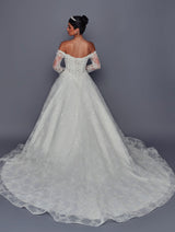 Back of lace ball gown wedding dress with chapel train