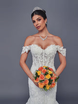 3D floral appliques and pearl beaded lace bridal gown detail