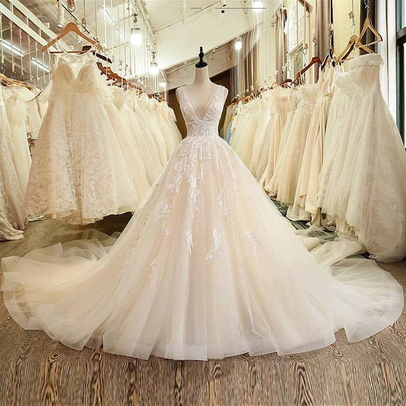 Deep V-Neck Lace Wedding Gown Ivory / 10 / 100cm