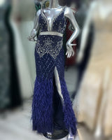 Luxury White Feathers Split Dress- Long Nude Beaded Mermaid