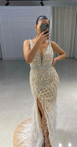 Luxury White Feathers Split Dress- Long Nude Beaded Mermaid