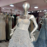 NEW 2022 Blue Ball Gown Gradient Long Sweetheart Crystals Pleated Tulle Ruffles Lace-Up Evening Dresses