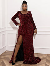 Plus Size O Neck Long Sleeve Bodycon Sequins Side Split Evening Dress