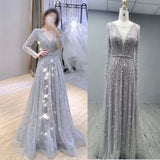 Luxury Full Sleeves Evening Dresses Champagne Long Tulle O Neck