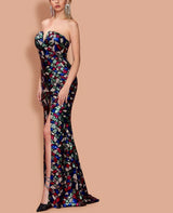 Sexy V-cut Strapless Sequin Multi color Dress with High Split