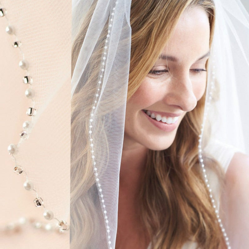 Cathedral Crystal Bridal Wedding Veil, Delicate Pearl Edge Wedding Vei –  Sandra's Bridal Collection