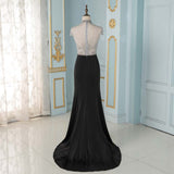 Elegant Black Crystals Mermaid Evening Dresses Long Cap Sleeve Formal Evening Gown (limited supply)
