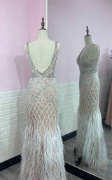 Luxury White Feathers Split Dress- Long Nude Beaded Mermaid