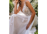 Boho A-Line Backless Wedding Dress 3D Flowers Wedding Gowns
