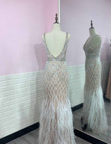 Luxury White Feathers Split Dress- Long Nude Beaded Mermaid