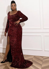 Plus Size O Neck Long Sleeve Bodycon Sequins Side Split Evening Dress