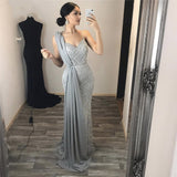 Elegant Silver full length Dress with Straps heavy Crystals Beaded Tulle Formal Gowns