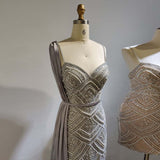 Elegant Silver full length Dress with Straps heavy Crystals Beaded Tulle Formal Gowns