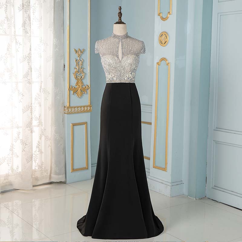 Elegant Black Crystals Mermaid Evening Dresses Long Cap Sleeve Formal Evening Gown (Limited Supply) Black / 10 / Floor Length