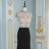 Elegant Black Crystals Mermaid Evening Dresses Long Cap Sleeve Formal Evening Gown (limited supply)