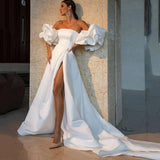 White Satin Sexy Puff Sleeve Split Side Wedding Gown