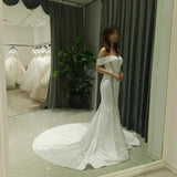 New Satin sexy mermaid off shoulder wedding dress
