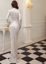 Bridesmaid Elegant High Neck Sequin Dress Long Sleeve Maxi Bodycon Dress