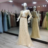 Luxury Full Sleeves Evening Dresses Champagne Long Tulle O Neck