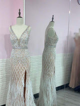 Luxury White Feathers Split Dress- Long Nude Beaded Mermaid