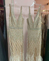 Luxury White Feathers Split Dress- Long Nude Beaded Mermaid