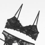 Embroidery Sexy Lingerie Bra+Garters+Thong 3 Piece Set