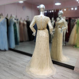 Luxury Full Sleeves Evening Dresses Champagne Long Tulle O Neck