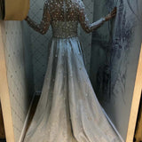 Heavy Beaded Silver Crystals V Neck Long Sleeve Elegant Evening Dress